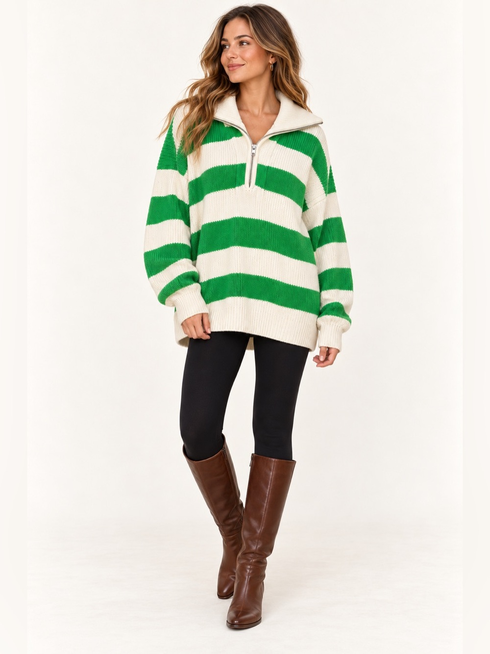 Aerie Green & Cream Striped Oversized Half Zip Sweater Women’s XS